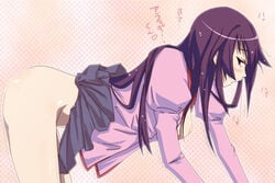 ass bakemonogatari blush bottomless breasts clothing female long_hair monogatari_(series) nipples no_bra no_panties open_clothes open_shirt purple_hair sakebuotoko school_uniform senjougahara_hitagi shirt skirt skirt_flip skirt_lift