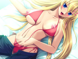 :3 anetea areolae bikini blonde_hair blue_eyes blush breasts cute_fang female fingernails hair hand_in_swimsuit heart large_breasts lips lipstick long_hair makeup navel nipples nora_freeman nora_freeman_misora open_mouth pants pointy_chin rapapuru red_bikini solo swimsuit tajima_yoshikazu