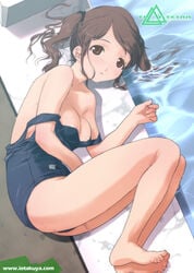 1girls bare_shoulders barefoot breasts brown_eyes brown_hair cleavage collarbone feet female io_takuya legs lying nakata_sae one-piece_swimsuit pointy_chin pool school_swimsuit small_feet solo swimsuit swimsuit_pull tied_hair twintails undressing wet