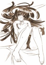 1girls ass bare_legs barefoot blush breasts brown_hair buruma buruma_only covering covering_breasts feet legs long_hair monochrome monogatari_(series) sengoku_nadeko senomoto_hisashi tear topless topless_female