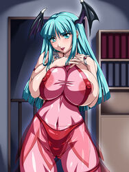 1girls areola areola_slip areolae blush breast_squeeze breasts capcom clothing curvy darkstalkers erect_nipples erect_nipples_under_clothes female green_eyes green_hair head_wings headwings huge_breasts large_breasts lingerie lipstick morrigan_aensland nipples panties see-through see-through_clothing sheer solo standing succubus thick_thighs thighs underwear water_beryl wings