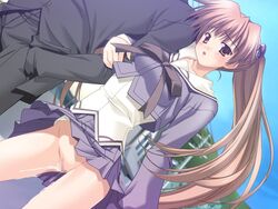 blush brown_eyes brown_hair censored game_cg goma_satoshi long_hair no_panties oshiete_miko_sensei oshiete_miko_sensei_(series) pussy pussy_juice school_uniform seifuku skirt tied_hair twintails wind_lift yajima_kasumi