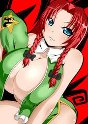 1girls bare_shoulders blue_eyes braid breasts china_dress chinese_clothes cleavage female hat hong_meiling huge_breasts looking_at_viewer parted_lips red_hair seductive_smile side_slit syroh the_embodiment_of_scarlet_devil touhou twin_braids