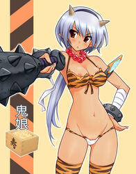 blush bracelet breasts cleavage club copyright_request demon_girl hairband hand_on_hip horns itoji jewelry kanabo kanabou long_hair lowleg lowleg_panties necklace nipple_slip nipples oni panties pointy_chin pointy_ears ponytail silver_hair sortie spiked_club thighhighs thong tied_hair tiger_print underwear wardrobe_malfunction weapon