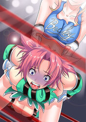 2girls asphyxiation big_breasts blonde_hair breasts candy_cane_(rumble_roses) catfight choke_hold cleavage clothing female female_only konami kupala kupala_(artist) large_breasts multiple_girls official_art open_mouth pink_hair rebecca_welsh rumble_roses strangling succubus succubus_manabe wrestle_angels wrestling