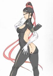 anal anus ass bare_back bayonetta bayonetta_(character) belt belts black_eyes black_hair breasts candy elbow_gloves female female_only glasses gloves hair_ribbon hair_up hand_on_ass insertion kyura9een large_breasts lollipop looking_at_viewer looking_back mole nipples open_clothes ribbon sega sideboob simple_background strap