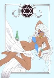 1girls 2000 asanagi_aoi barefoot bikini_top bottle bracelet dark-skinned_female dark_skin facial_mark female hexagram jewelry long_hair lying navel nude oh_my_goddess! pointy_chin sheets small_breasts swimsuit traditional_media urd white_hair wine