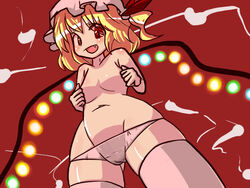 blonde_hair blush breasts cute_fang flandre_scarlet glowing hakika hat midriff navel open_mouth panties red_eyes short_hair side_ponytail smile thighhighs topless touhou underwear wings