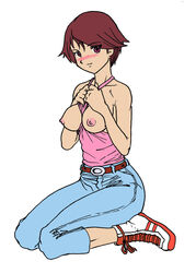 blush breast_press breasts digimon digimon_savers female female_only fujieda_yoshino nipples red_eyes red_hair solo topless