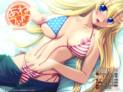 1girls american_flag american_flag_bikini anetea anetea!? bed bikini blonde_hair blue_eyes blush breasts erect_nipples female flag_print hand_in_swimsuit highres huge_breasts long_hair navel nipples nora_freeman nora_freeman_misora panties pants pants_pull rapapuru side-tie_bikini sleeping solo striped striped_panties swimsuit tajima_yoshikazu underwear wallpaper