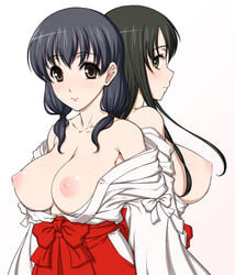 back_to_back bangs bare_shoulders black_hair bow breasts brown_eyes brown_hair hakama iwato_kasumi japanese_clothes jindai_komaki large_breasts long_hair looking_at_viewer masa_yuki miko multiple_girls nipples off_shoulder pointy_chin puffy_nipples saki simple_background tied_hair twintails