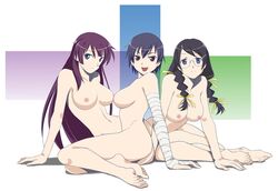 :d bakemonogatari bandage bandages barefoot black_hair blue_eyes blue_hair braid breasts feet frown hair_ribbon hanekawa_tsubasa jpeg_artifacts kanbaru_suruga large_breasts legs long_hair monogatari_(series) multiple_girls nude open_mouth purple_eyes purple_hair red_eyes ribbon sabachiyo_land senjougahara_hitagi short_hair smile tied_hair twin_braids twintails