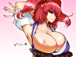 1girls armpits bowalia breasts female fingernails hair_bobbles hair_ornament huge_breasts komachi_onozuka long_fingernails nail nails nipples no_bra red_eyes red_hair solo tied_hair touhou twintails