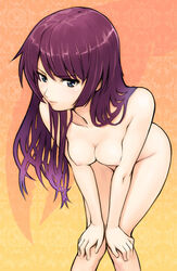 1girls bakemonogatari bent_over blue_eyes breast_squeeze breasts female hands_on_knees homunculus_(artist) leaning_forward long_hair monogatari_(series) mound_of_venus nipples nude purple_hair senjougahara_hitagi solo standing