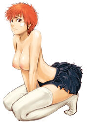 1girls air_master androgynous ass bandage bandages breast_squeeze breasts brown_eyes casual_nudity clothing female female_only footwear full_body hair homunculus_(artist) kneeling large_breasts lipstick maki_aikawa nipples orange_hair short_hair simple_background skirt socks solo thighhighs tomboy topless undercover_brothers very_short_hair white_background white_legwear