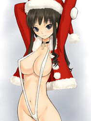 1girls amagami bikini breasts brown_hair christmas cleavage female long_hair morishima_haruka morozou natural_wedgie pointy_chin purple_eyes santa_costume sling_bikini smile solo swimsuit