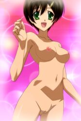 bikini black_hair cap green_eyes hair_ornament hairclip huge_eyes ishizuki_mana nude nude_filter photoshop pointy_chin screencap short_hair sola swimsuit uncensored