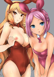 animal_ear bare_legs blonde_hair blue_eyes bow bowtie breast_slip breasts bunny_ear bunny_girl bunnysuit flat_chest high_resolution large_breasts leaning_forward long_hair multiple_girls nipples one_breast_out oozora_kiku oozora_momo otenki_studio pink_hair short_hair smile ukeshi_(artist) wardrobe_malfunction