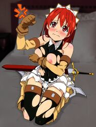 armor bb bed blush breasts cecily_cambell cecily_campbell fist gloves headdress large_breasts nipple nipples pink_nipples pointy_chin red_eyes red_hair seiken_no_blacksmith sword tear thighhighs torn_thighhighs weapon zettai_ryouiki