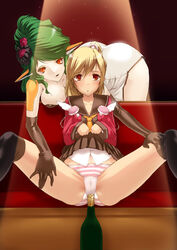 bottle chelsea_(phantasy_star_universe) emilia_percival green_hair highres miss_black panties phantasy_star phantasy_star_portable phantasy_star_portable_2 pointy_ears red_eyes sega short_hair spread_legs striped striped_panties thighhighs underwear