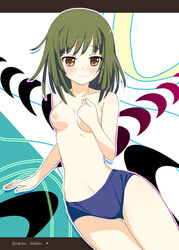 1girls ameto_yuki arm_support bakemonogatari blush breasts brown_eyes female green_hair monogatari_(series) no_bra sengoku_nadeko solo topless