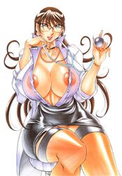 areola areola_slip areolae azuki_kurenai big_breasts black_skirt blouse blue_eyes bracelet breasts brown_hair business_suit business_woman choker cleavage deep_cleavage doctor dress_shirt erect_nipples g-string glasses highres huge_breasts large_breasts long_hair long_nails miniskirt nail_polish navel necklace nipple_bulge nipple_slip nipples office office_lady open_shirt panties pencil_(artwork) pencil_skirt pose posing sitting skirt skirt_suit suit thick_thighs thighhighs thong tight_skirt under_skirt underwear upskirt white_blouse white_shirt wide_hips