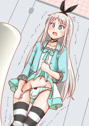 1boy :3 androgynous aqua_eyes balls_in_panties blend_s choker clothed crossdressing dokuna dress_lift femboy flat_chest gray_hair hair_ribbon kanzaki_hideri long_hair male male_only no_pubic_hair pale-skinned_male panties_down penis public_restroom restroom solo stockings sweat trap trembling