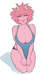 1girls areola_slip areolae big_breasts black_sclera blush boku_no_hero_academia breasts cleavage cute female female_only full_body huge_breasts kneeling mina_ashido my_hero_academia nip_slip nipple_slip nipples_visible_through_clothing pink_hair pink_skin solo solo_female solo_focus squinting stretching_shirt suoiresnu tank_top tongue_out