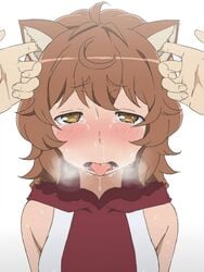 ahe_gao bell_cranel blush brown_eyes brown_fur brown_hair cat_ears crying crying_with_eyes_open dungeon_ni_deai_wo_motomeru_no_wa_machigatteiru_darou_ka ear_fuck ear_penetration eyebrows_visible_through_hair inner_ear_fluff liliruca_arde looking_pleasured saliva tagme tagme_(artist) tongue_out