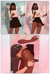 2boys amora anilingus ass black_hair blushing bus circumcised comic dark-skinned_futanari dark_skin dubious_consent erection eyes_closed femboy flaccid futa futanari heart hi_res highres interracial leg_grab licking_ass male moaning molestation no_panties no_underwear panels penis phone public public_exposure public_nudity rimjob rimming skirt skirt_lift surprised thigh_grab yaoi