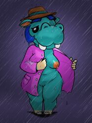 animal_crossing animal_humanoid anonymous_artist anthro bertha_(animal_crossing) breasts clothed clothing common_hippopotamus female genitals hair hi_res hippopotamid humanoid mammal mammal_humanoid nintendo outside overweight partially_clothed presenting pussy raining simple_background solo undressing video_games water