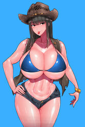 bikini_top brown_hair cleavage curvy female hat huge_breasts long_hair looking_at_viewer original original_character shorts skimpy_clothes thick_thighs tongue_out underboob wolffeld_price