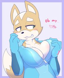 acstlu big_breasts black_nose blush blushing breasts canid canine cleavage clothed cosplay cute cute_face female female_only fox fox_ears fox_mccloud fox_tail fur furry furry_only genderswap green_eyes love nintendo rule_63 shadboy solo solo_female star_fox text zero_suit zero_suit_fox