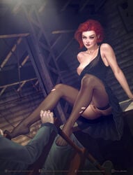 1boy 1girls areolae black_dress black_widow_(marvel) breasts casual dress female femdom human human_only krysdecker light-skinned_female light-skinned_male light_skin male marvel marvel_comics natasha_romanoff no_panties pubic_hair pussy red_hair stockings tied_to_chair vagina warehouse