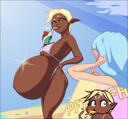 2girls big_breasts breasts cleavage dark-skinned_female dark_skin elf female female_only huge_belly hyper_belly hyper_pregnancy large_breasts maternal-reads pointy_ears pregnant ready_to_pop solo_focus