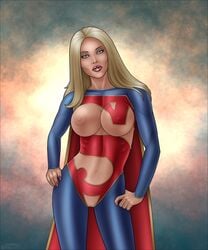 alternate_costume areolae athletic bare_midriff big_breasts blonde_hair blue_eyes bodysuit breasts busty cape cleavage cleavage_cutout clitoral_hood crotchless dc dc_comics erect_nipples eyelashes female female_focus female_only fit fit_female high-heeled_jill hourglass_figure kara_danvers kara_zor-el large_breasts lipstick long_fingernails long_hair nail_polish navel nipple_bulge nipples pose posing pussy ribs shaved_pussy skin_tight solo standing supergirl superman_(series) vagina wide_hips