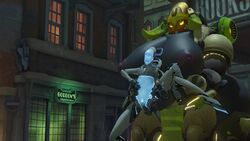 3d anthro blizzard_entertainment breasts ckiii3d_(artist) echo_(overwatch) fingering king's_row_(map) large_breasts orisa overwatch pussy pussy_fingering robot size_difference