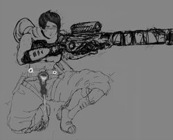 1girls black_hair blush clothed crouching cum_drip cum_in_pussy cum_in_uterus cum_inside dark_hair female female_focus female_only female_soldier kinessa_(paladins) love_heart paladins short_hair sniper_rifle sweat uniform wrongnhoka