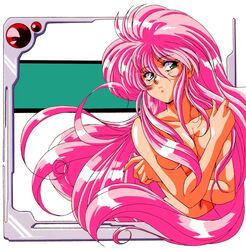 1girls 90s breasts cleavage covering covering_breasts crossed_arms eyebrows_visible_through_hair female female_only green_eyes hair_between_eyes hair_over_breasts hand_on_shoulder highres leeza_(viper) long_hair medium_breasts nakamura_ken'ichirou_(peroguritei) navel nude official_art open_mouth pink_hair sogna solo very_long_hair viper_(series) viper_v8