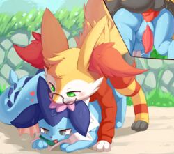 2boys absurd_res anal anal_sex anthro anthrofied ass big_ears blue_body blue_tail bodily_fluids braixen breath close-up clothed clothes clothing cum cum_in_ass cum_inside cutaway doggy_style eeveelution erection feet fox from_behind from_behind_position fur furry gay genital_fluids girly grass green_eyes grey_eyes half-closed_eyes hi_res interspecies knot legwear male male_only male_penetrated male_penetrating male_penetrating_male motion_lines multicolored_clothing multicolored_legwear nintendo open_mouth original_character panting pattern_clothing pattern_legwear paws penetration plattyneko pokémon_(species) pokemon pokemon_(species) pokemon_rgby pokemon_xy red_clothing red_legwear sex striped_clothing striped_legwear stripes sweat tail testicles text thrusting toeless_legwear tongue trembling two_tone_clothing two_tone_legwear vaporeon video_games white_body white_fur yaoi yellow_body yellow_clothing yellow_ears yellow_fur yellow_legwear