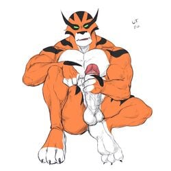 1:1 alien anthro ben_10 big_penis fangs feet felid fur genitals green_eyes hi_res humanoid insaneeighteen male male_only mammal masturbation orange_body orange_fur pantherine penis rath simple_background sketchy solo striped_body striped_fur stripes tiger