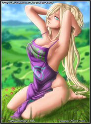 1girls apron arms_behind_head barefoot blonde_hair blue_eyes breasts cedric_humbert deviantart feet female female_only ino_yamanaka kneeling long_hair looking_at_viewer naked_apron naruto naruto_shippuden outdoors ponytail tied_hair