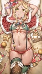 1girl 1girls absurdres arms_up bell bikini blonde_hair blush boots box braid breasts candy candy_cane capelet christmas christmas_ornaments christmas_outfit cleavage crown_braid female female_only food hair_ornament hat highres huge_filesize knee_boots looking_at_viewer love_live! love_live!_sunshine!! lying medium_breasts mini_hat mini_top_hat navel ohara_mari on_back pillow ribbon shiny shiny_skin short_hair smile solo star stuffed_animal stuffed_toy suspenders swimsuit teddy_bear thigh_gap thighhighs top_hat underboob x_hair_ornament yellow_eyes yohan1754