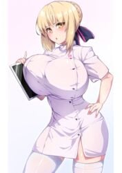 1girls artoria_pendragon artoria_pendragon_(alter) big_breasts blonde_hair breasts clothed clothed_female fate/grand_order fate_(series) female female_only hips hirasawa_seiji holding_object huge_breasts human human_only humanoid large_breasts nurse solo solo_female stockings thick thick_thighs thighs voluptuous wide_hips yellow_eyes