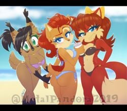 2019 3girls accessory annoyed anthro anthro_only archie_comics ass bangs beach bikini black_hair blue_eyes blue_sky blush breasts brown_body brown_fur brown_hair butt_pose canid canine cheek_tuft chipmunk cleavage clothed clothing countershade_torso countershading cup dipstick_ears dipstick_tail drinking ear_tuft eyebrows eyelashes eyeliner facial_markings facial_tuft felid feline female female_only fiona_fox fox fur furry furry_only gloves_(marking) green_eyes ground_squirrel group hair hair_accessory hair_ribbon hairbow hand_holding hands_on_hips head_markings holding_hands inner_ear_fluff leg_markings letterbox looking_at_viewer lynx makeup mammal markings metalpandora multicolored_ears multicolored_tail navel nicole_the_lynx ponytail pose raised_eyebrow red_body red_fur red_hair ribbons rodent sally_acorn sciurid seaside short_hair side_boob sky socks_(marking) sonic_(series) sonic_the_hedgehog_(archie) sonic_the_hedgehog_(comics) sonic_the_hedgehog_(series) straw swimsuit swimwear tuft watermark