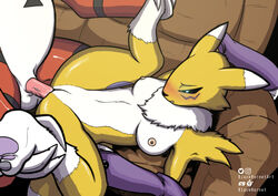 absurd_res anthro armwear balls black_sclera blackhornet blue_eyes blush breasts canid claws clothing digimon digimon_(species) duo facial_markings female fur furniture genitals guilmon head_markings hi_res lying male mammal markings mostly_nude neck_tuft nipples penetration penis renamon sofa spread_legs spreading straight tuft vaginal_penetration yellow_body yellow_fur