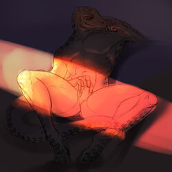 1:1 abs animal_genitalia anthro beastars bedroom_eyes biceps bigolefuck blep cloaca dialogue english_text front_view full-length_portrait genital_slit genitals gosha_(beastars) hi_res komodo_dragon lizard male male_only monitor_lizard muscular narrowed_eyes naughty_face nude pecs penis penis_tip portrait reclining reptile scalie seductive slit solo text tongue tongue_out unfinished