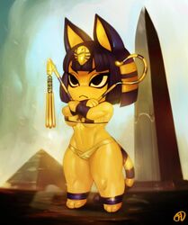 1girls 3_toes abs alternate_breast_size alternate_outfit animal_crossing ankha anthro armpits bandages belly big_ass big_breasts big_ears big_eyes bikini black_eyes blue_fur breasts cat_ears cat_tail catgirl cleavage egyptian feet feline female female_only filemonte fit full_body furry half-closed_eyes highres holding looking_away midriff navel nintendo nude outdoors paws pose pyramid shortstack staff standing stripes tail thick_thighs underboob watermark wide_hips yellow_fur