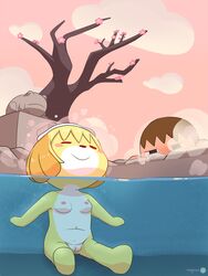 1boy 1girls 2020 animal_crossing anthro being_watched blush breasts canid canine duo female floppy_ears genitals hi_res hot_spring human isabelle_(animal_crossing) looking_at_another male mammal nintendo nipples nude nyoronyan onsen outside partially_submerged partially_underwater_shot pussy signature smile steam tree underwater video_games villager_(animal_crossing) water