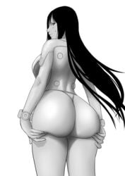 ass ass_up black_hair blush dat_ass embarrassed female gantz gantz_suit huge_ass iwao178 large_breasts long_hair looking_back monochrome no_color reika_shimohira sideboob solo tight_clothes